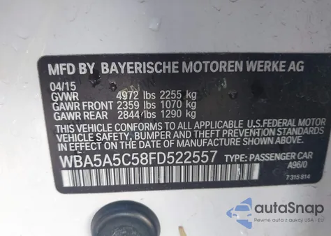 2015 BMW 528I z USA, uszkodzony, nr VIN WBA5A5C58FD522557